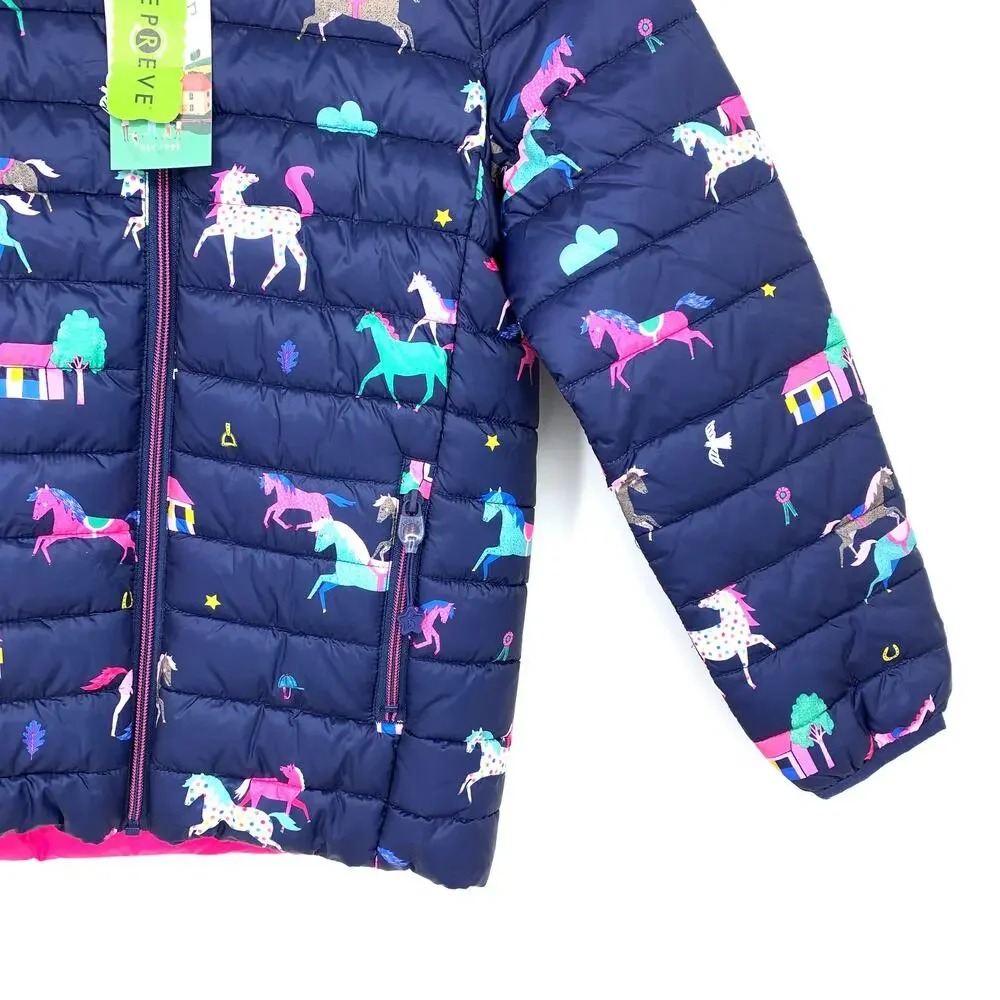 Joules Right As Rain Collection Girls Sz 10 Rain Jacket Blue Horses Packable NEW